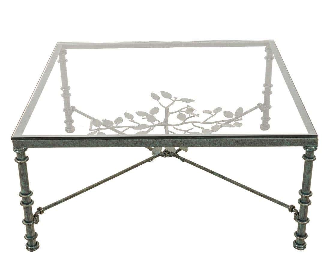 Giacometti Style Square Glass Top Iron Coffee Table with Verdigris Green Patina
