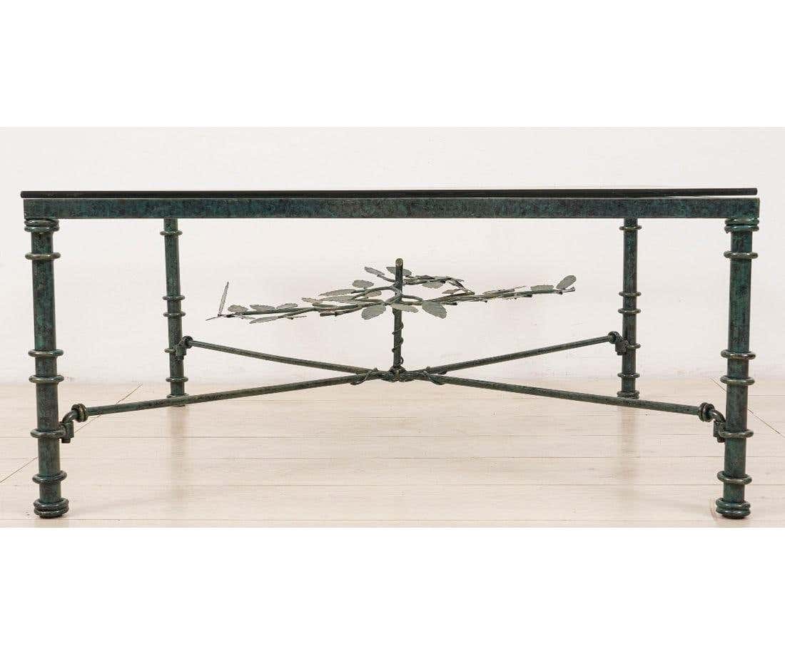 Giacometti Style Square Glass Top Iron Coffee Table with Verdigris Green Patina