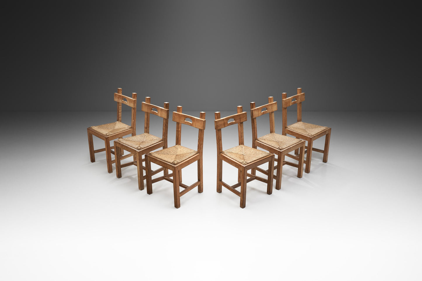 Rush and Wood Rustic Dining Chair Set, Europe ca 1950s