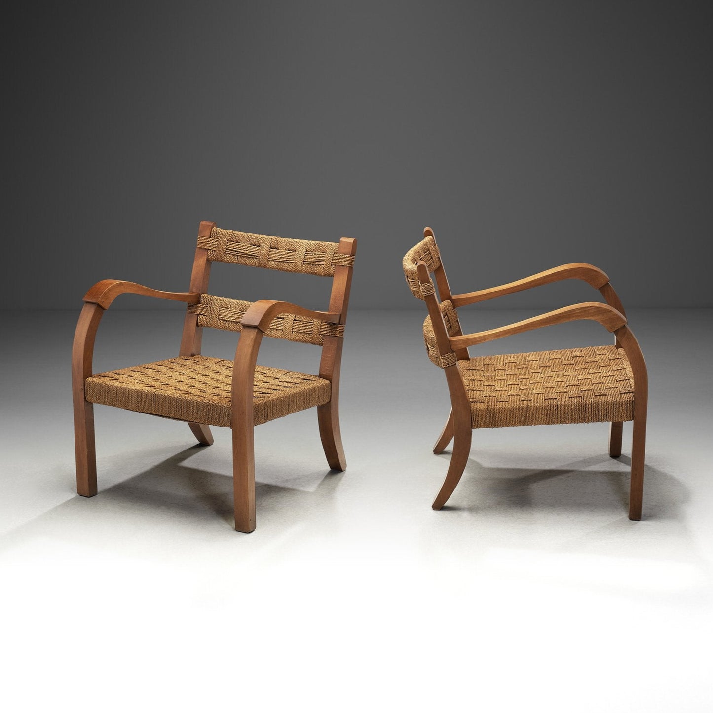 A Pair of Wood and Rattan Armchairs, Italy Mid-20th Century