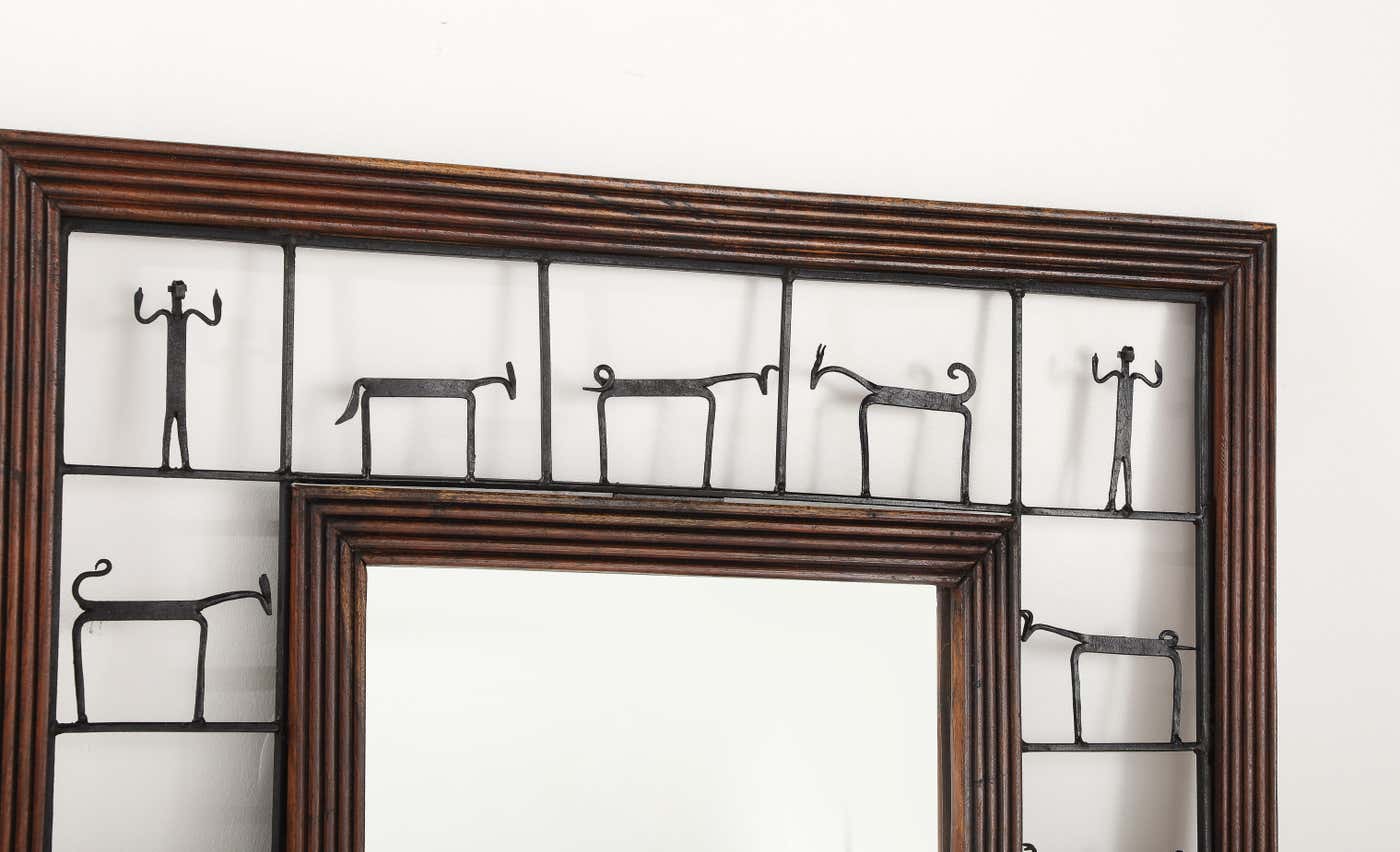 Frederic Weinberg Iron and Wood Figural Wall Mirror, circa 1950