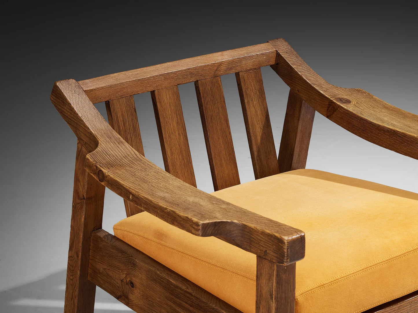 Brutalist Spanish Lounge Chair in Solid Oak and Warm Ochre Suede