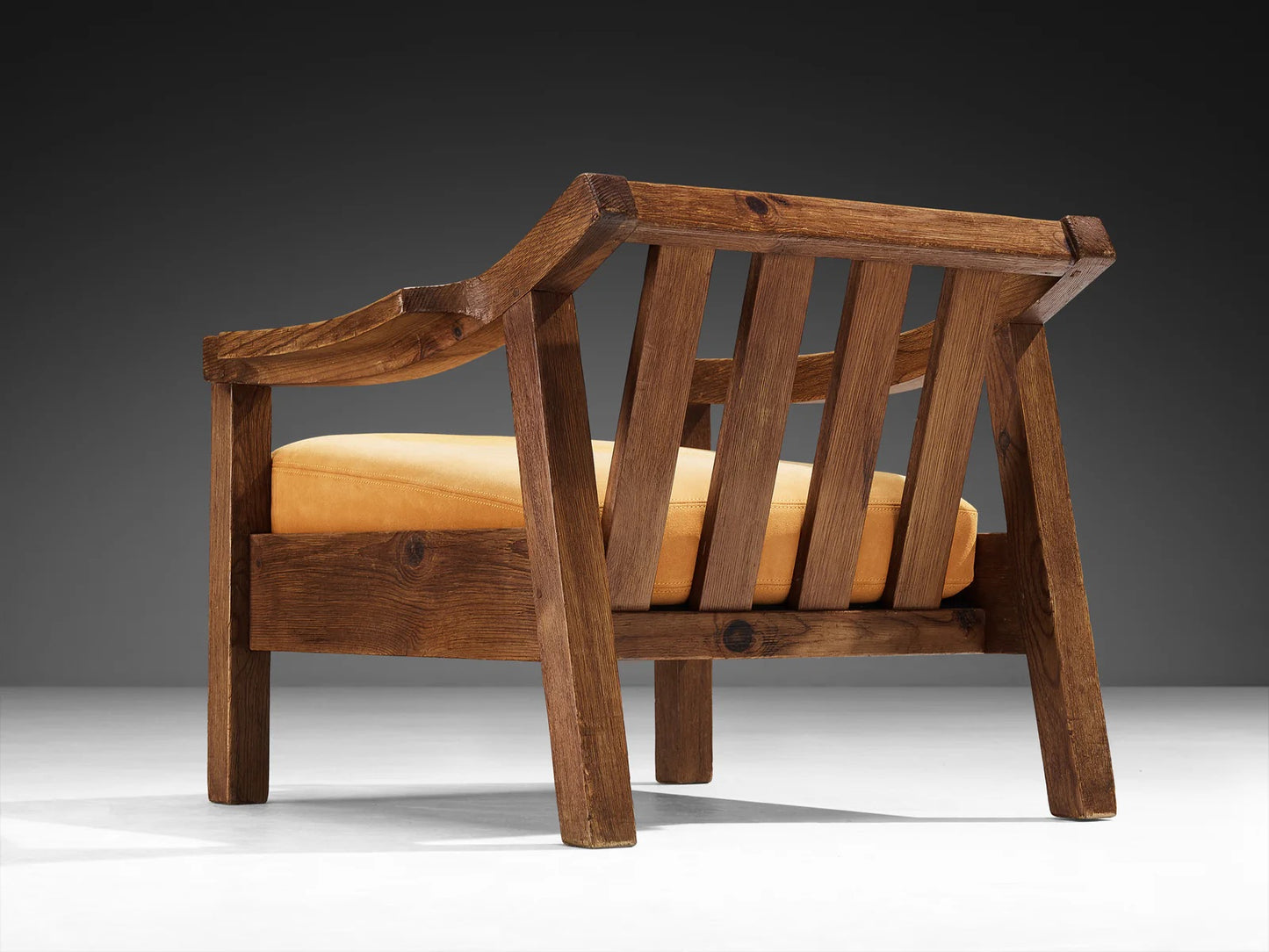 Brutalist Spanish Lounge Chair in Solid Oak and Warm Ochre Suede