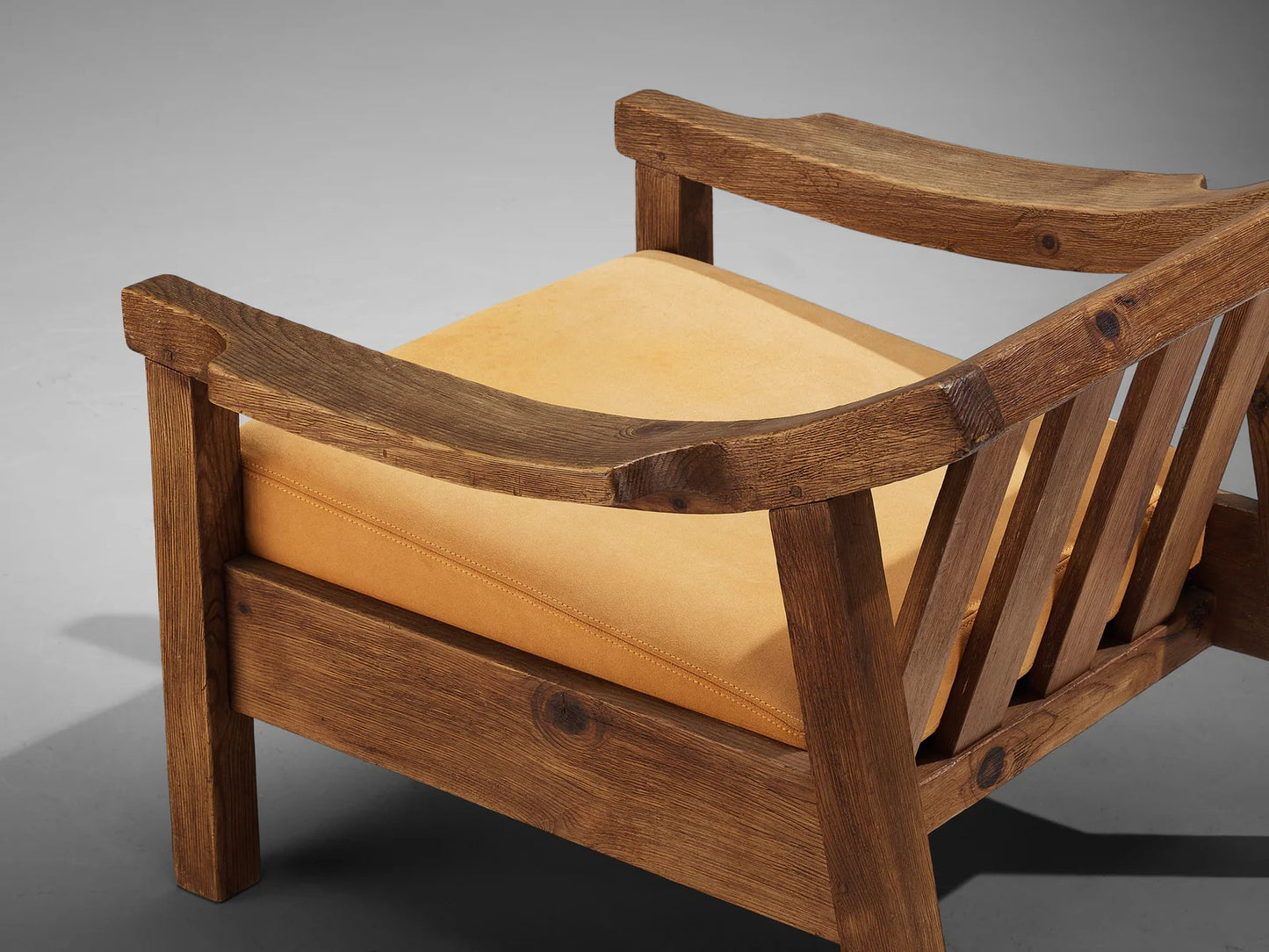 Brutalist Spanish Lounge Chair in Solid Oak and Warm Ochre Suede