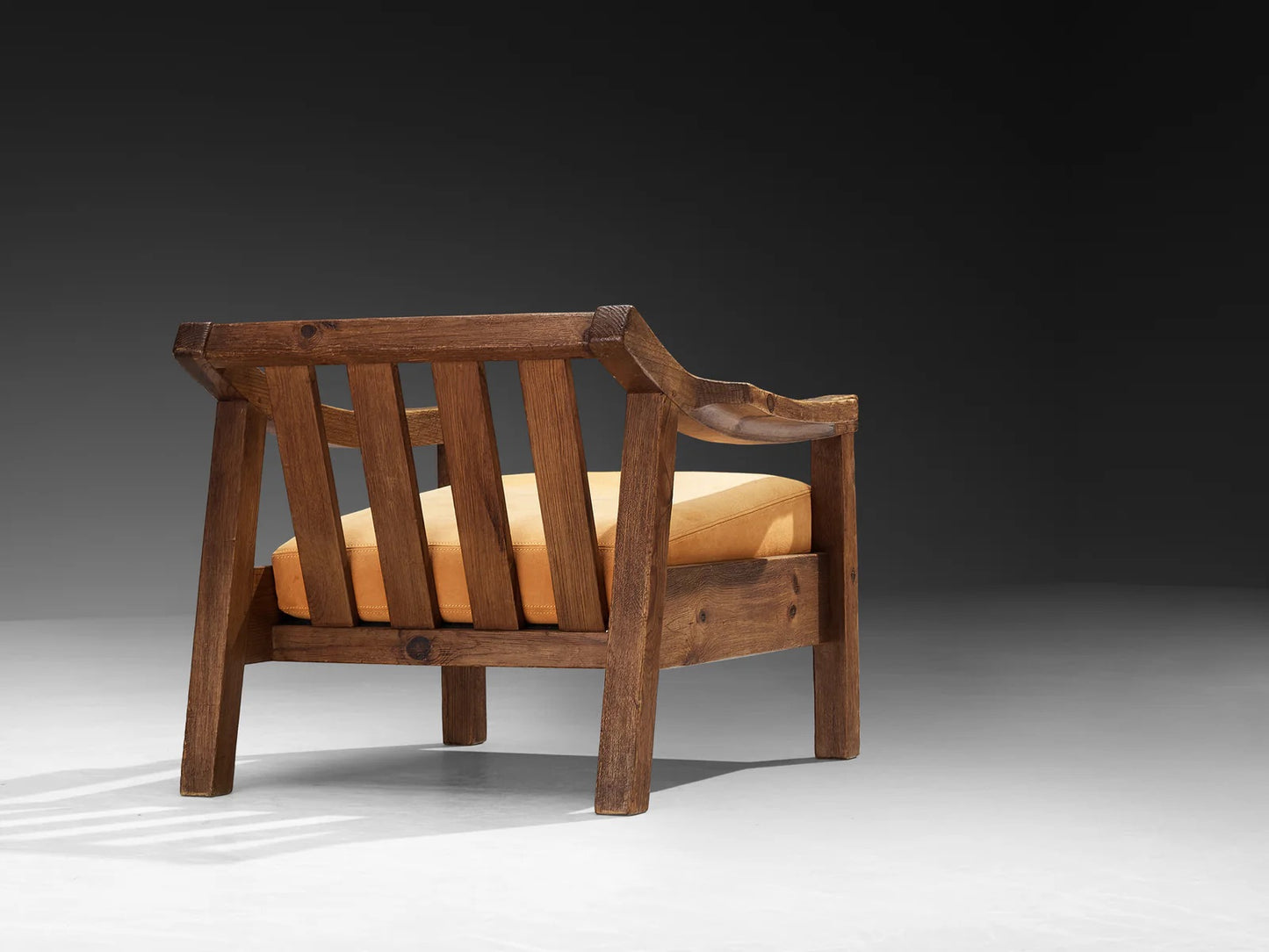 Brutalist Spanish Lounge Chair in Solid Oak and Warm Ochre Suede
