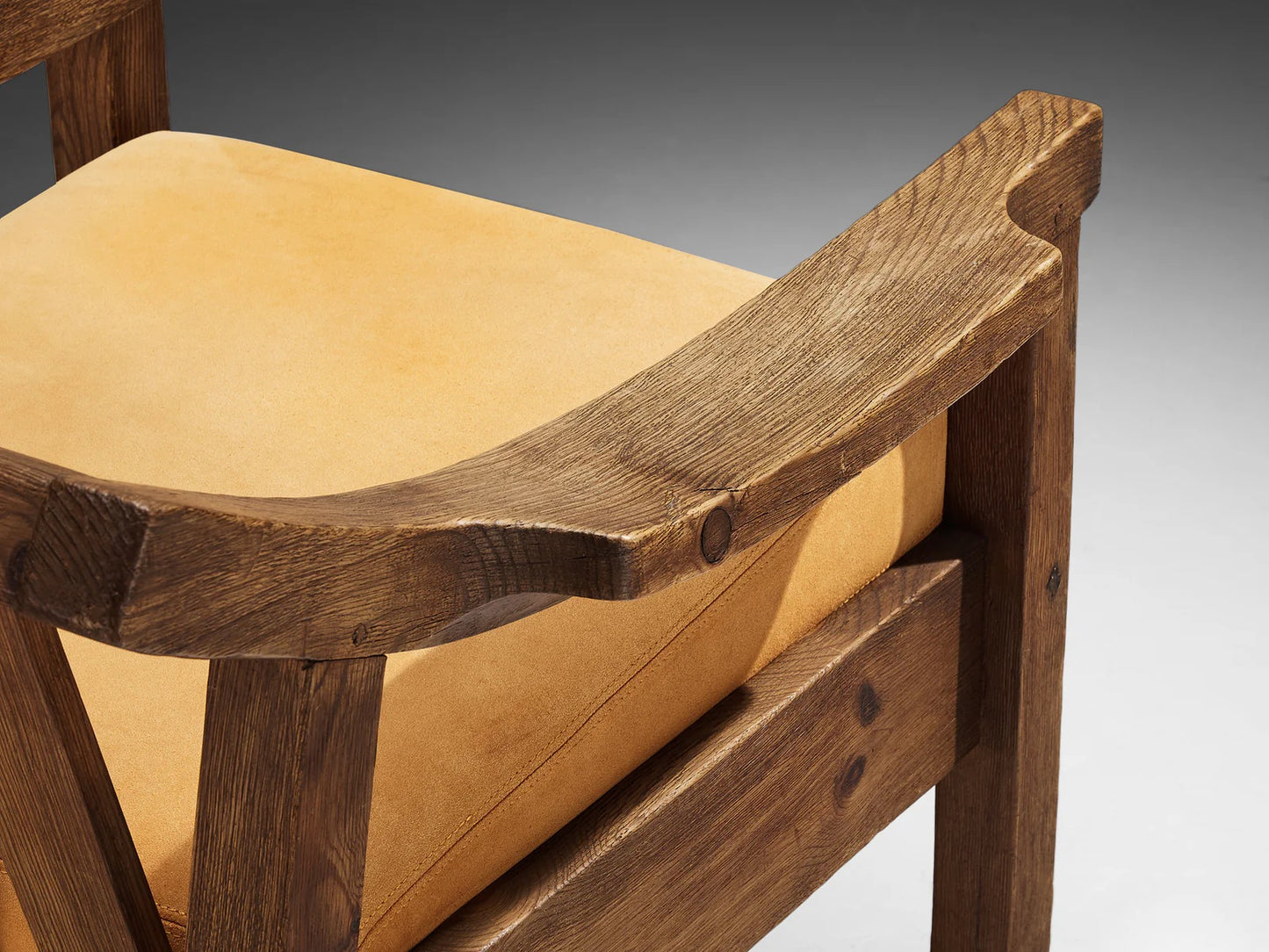 Brutalist Spanish Lounge Chair in Solid Oak and Warm Ochre Suede