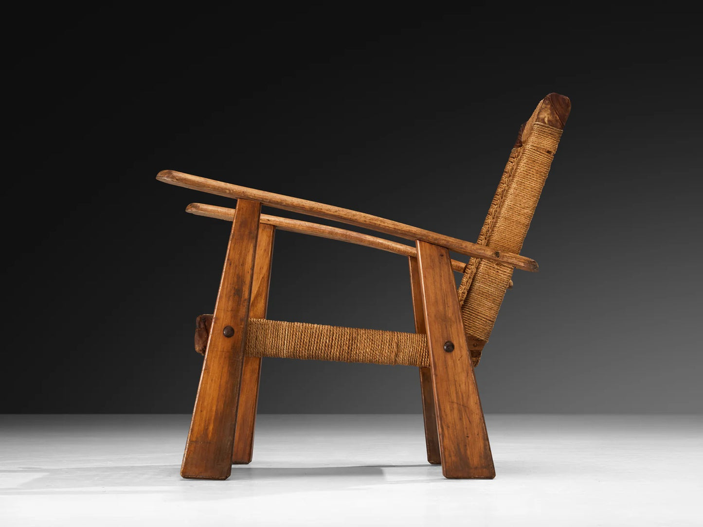 Rustic Pair of French Lounge Chairs in Rush and Wood