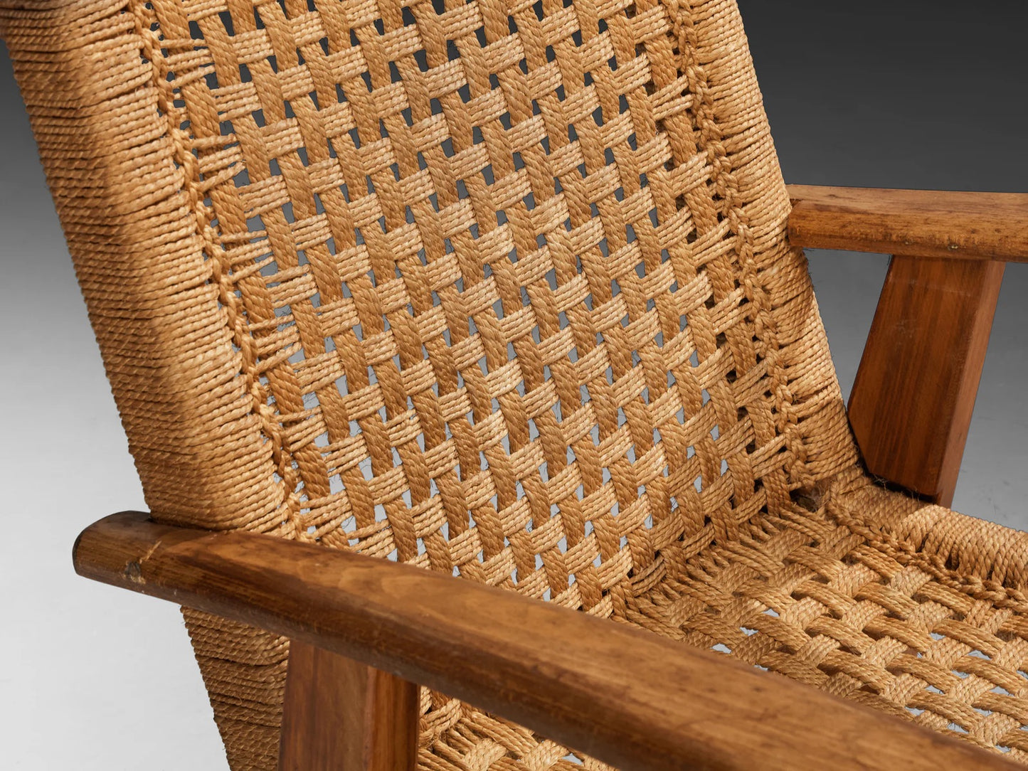 Rustic Pair of French Lounge Chairs in Rush and Wood