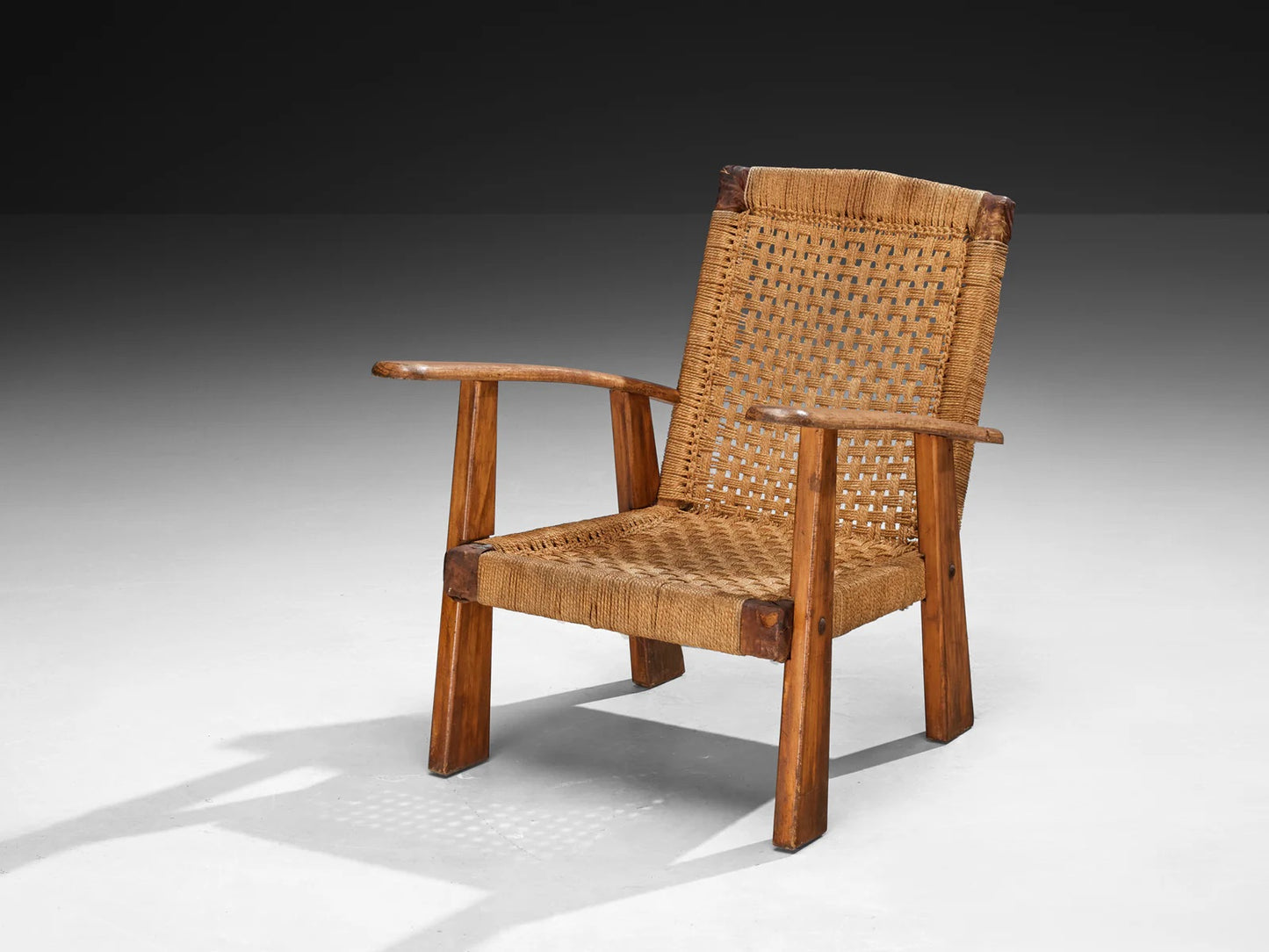 Rustic Pair of French Lounge Chairs in Rush and Wood