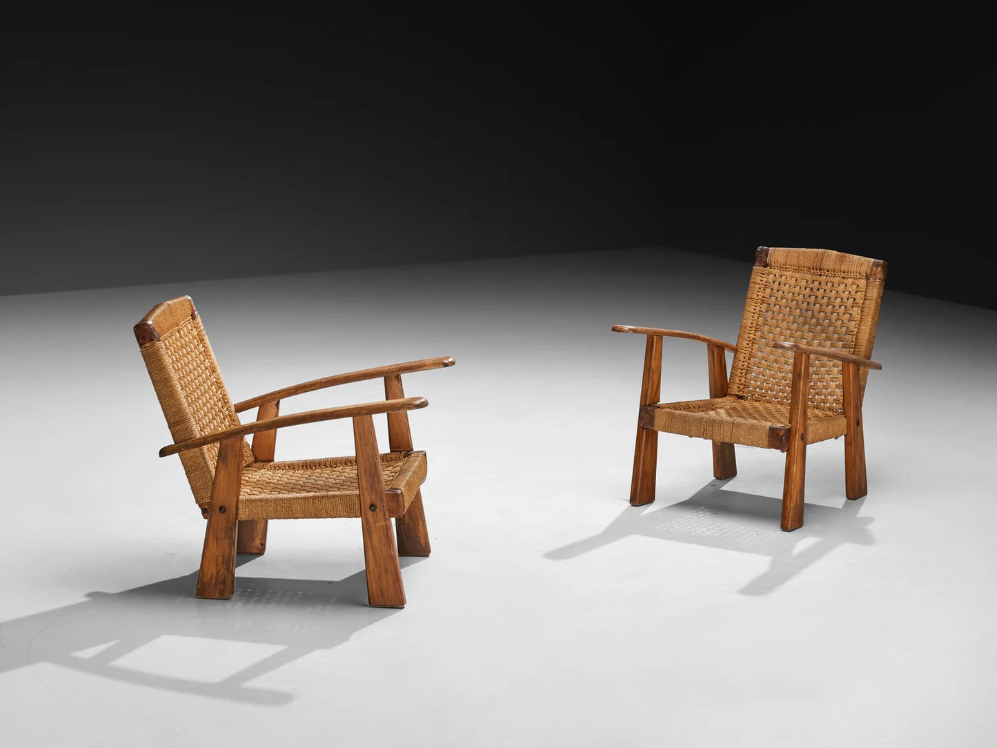 Rustic Pair of French Lounge Chairs in Rush and Wood