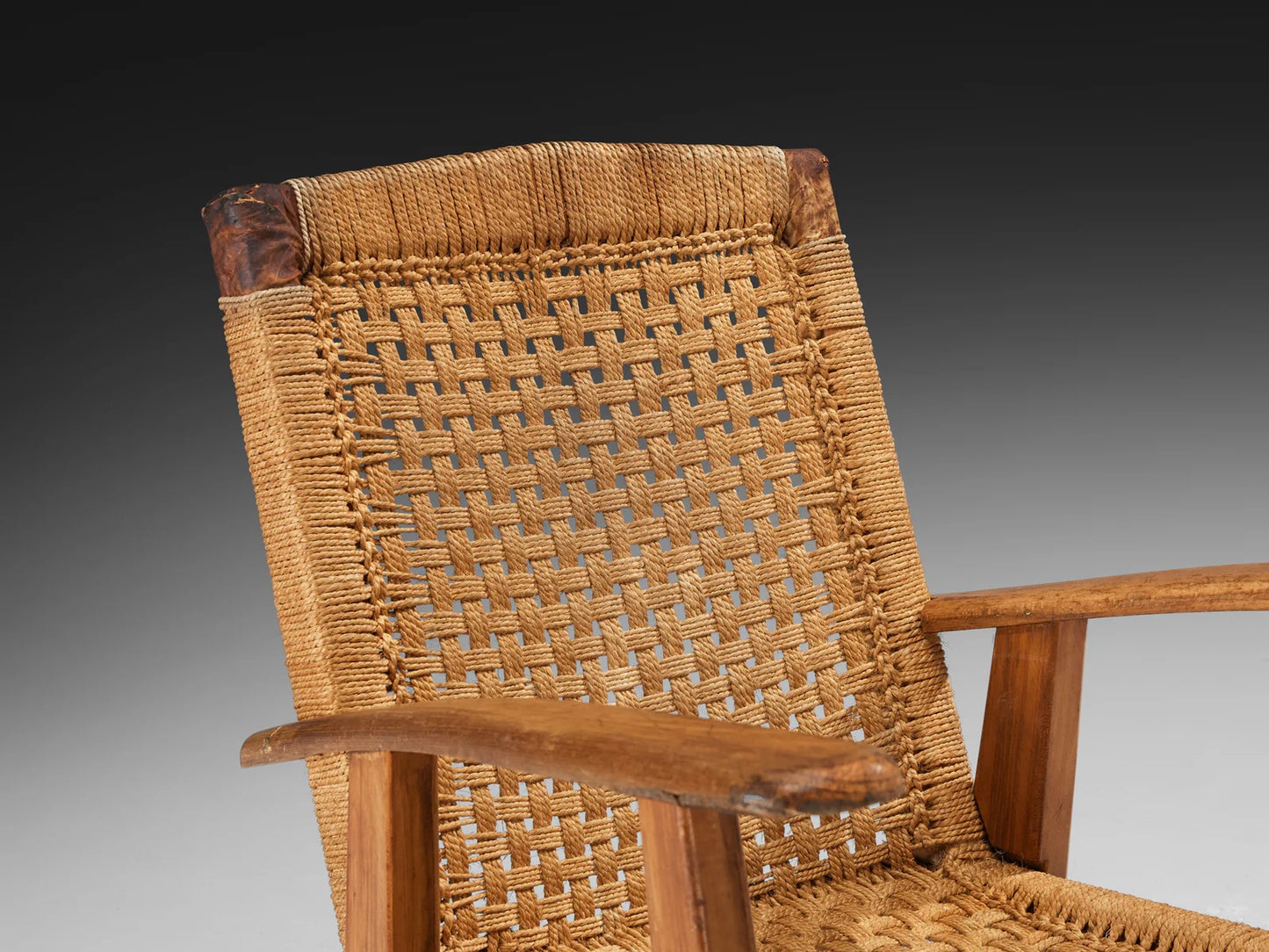 Rustic Pair of French Lounge Chairs in Rush and Wood