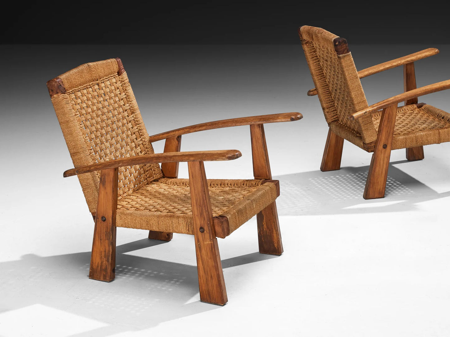 Rustic Pair of French Lounge Chairs in Rush and Wood