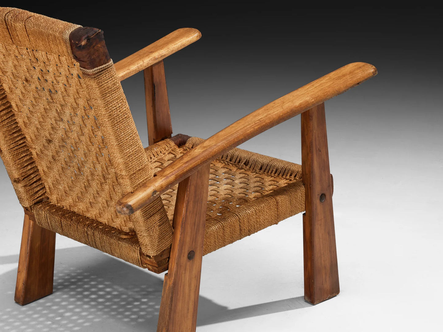 Rustic Pair of French Lounge Chairs in Rush and Wood