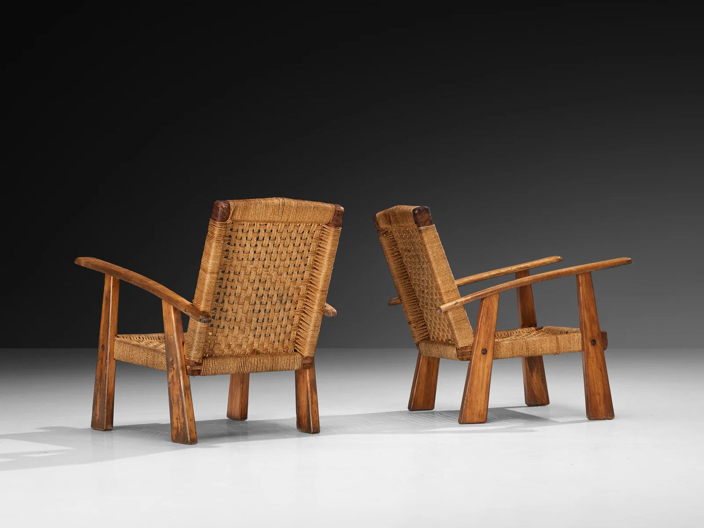 Rustic Pair of French Lounge Chairs in Rush and Wood