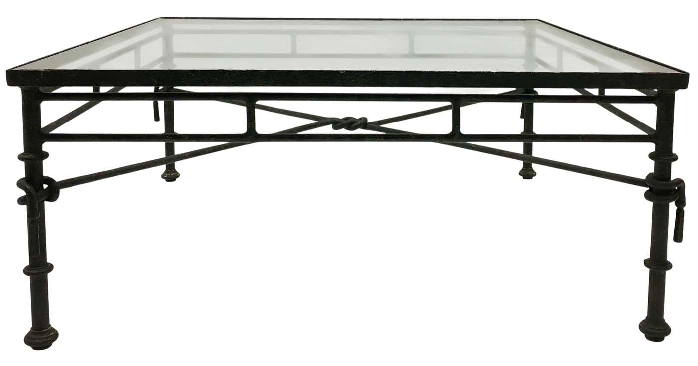 Giacometti Inspired Modern Rustic Sculpted Square Iron Coffee Table Glass Top