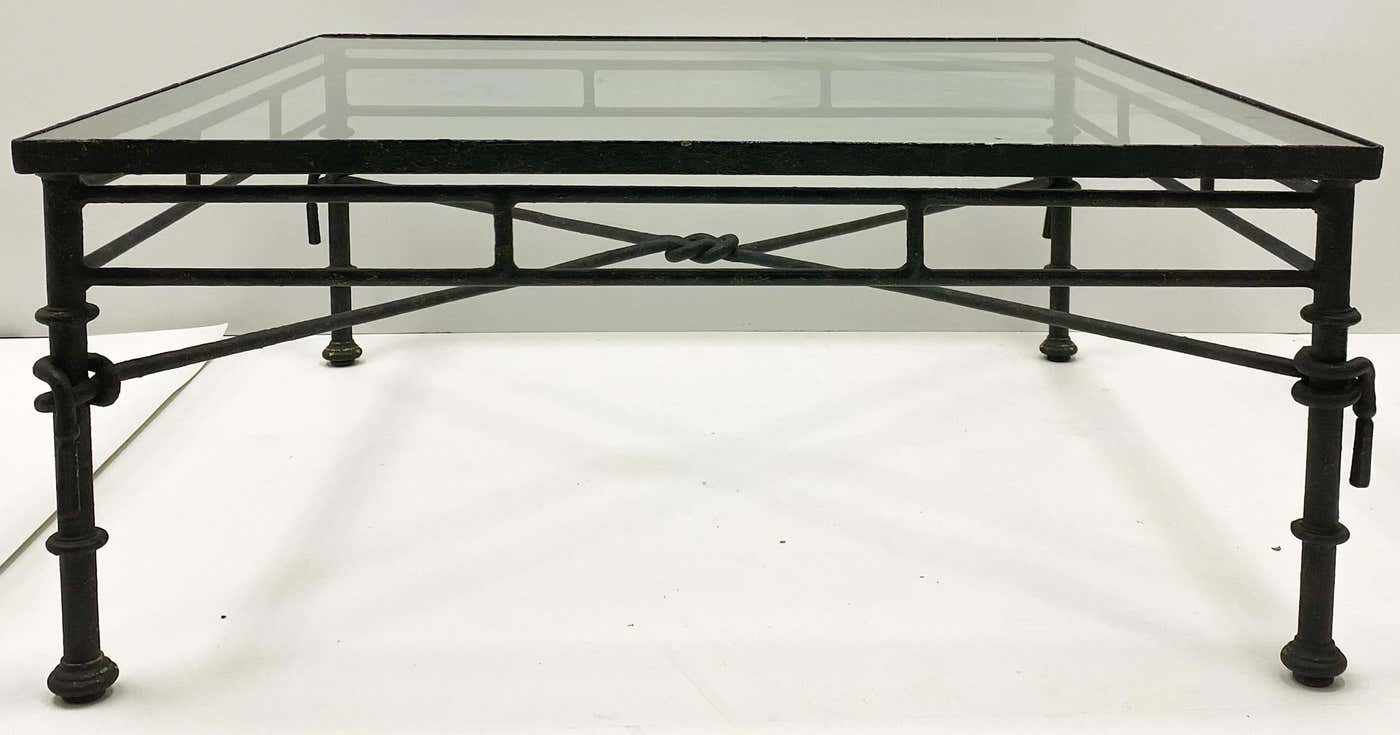 Giacometti Inspired Modern Rustic Sculpted Square Iron Coffee Table Glass Top