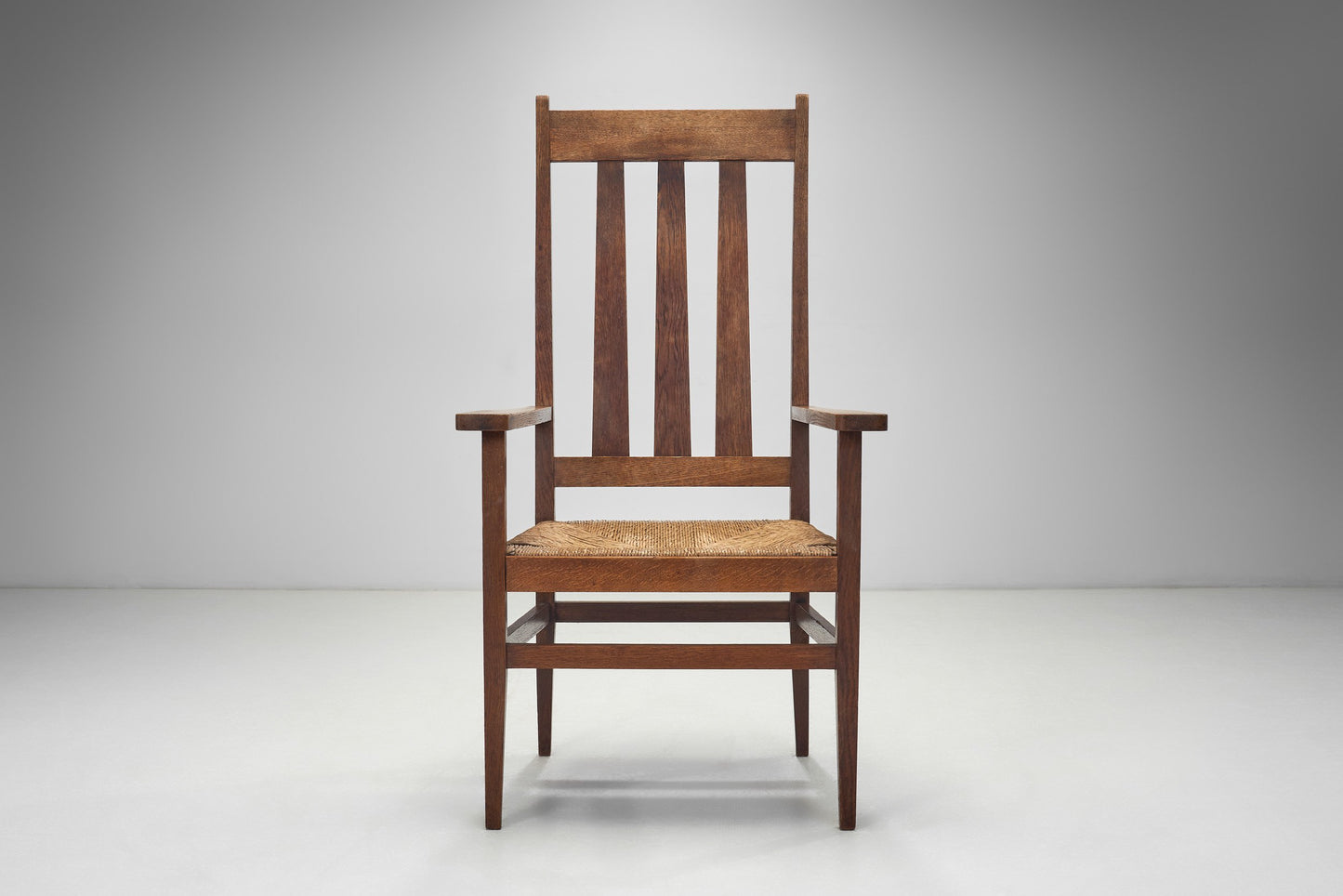 A Pair of Oak and Woven Rush High Back Armchairs, France 1940s