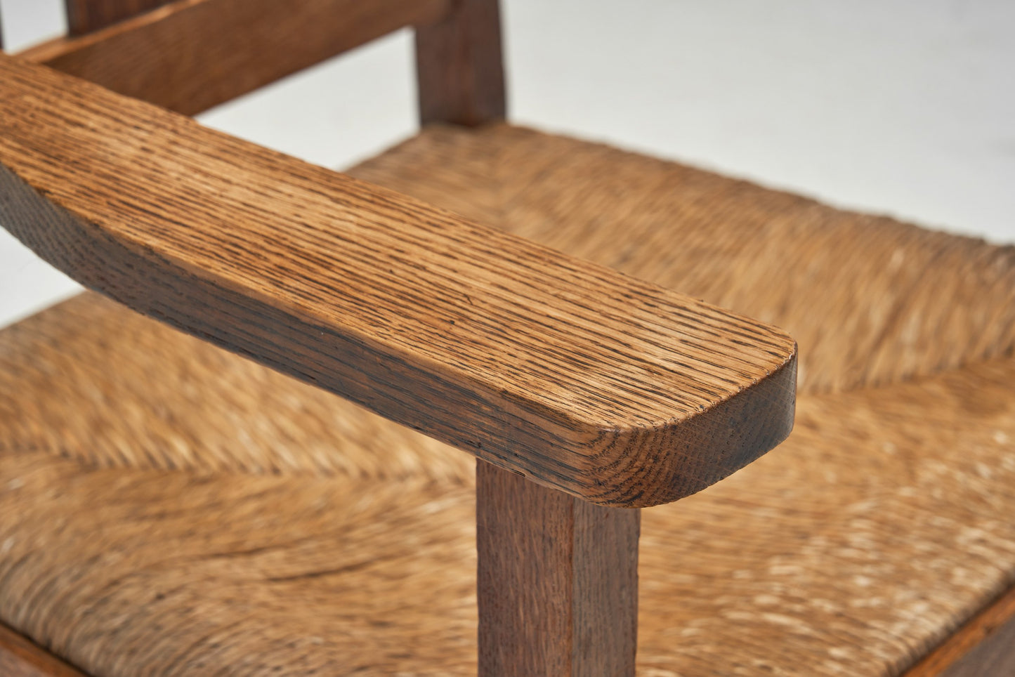 A Pair of Oak and Woven Rush High Back Armchairs, France 1940s