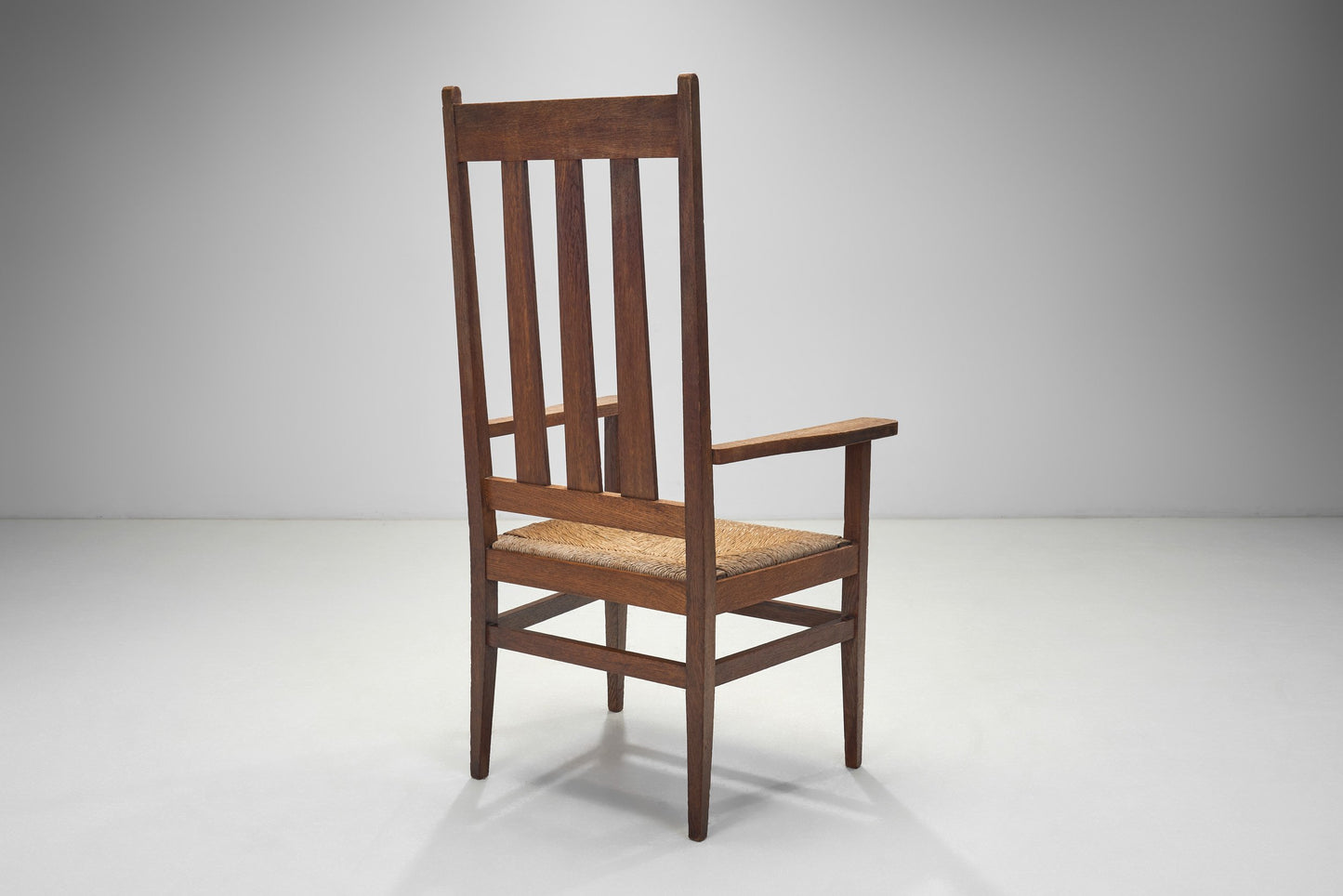 A Pair of Oak and Woven Rush High Back Armchairs, France 1940s