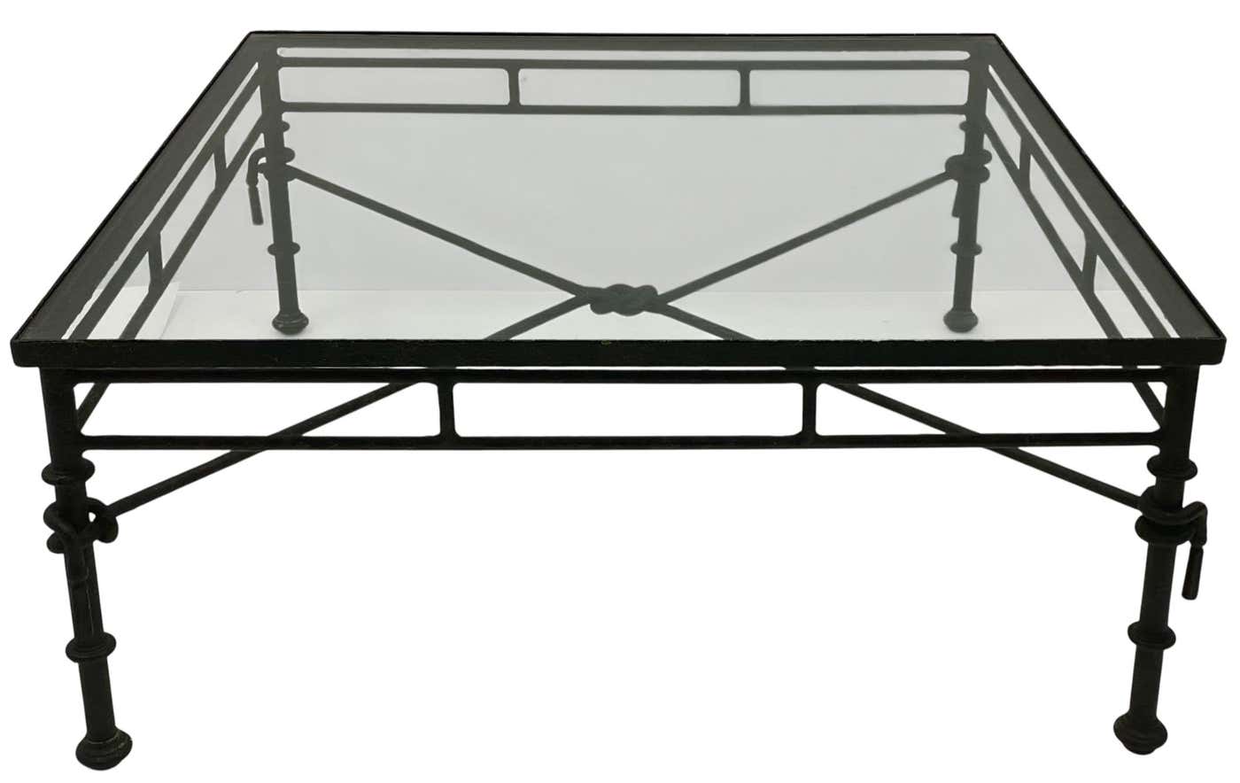 Giacometti Inspired Modern Rustic Sculpted Square Iron Coffee Table Glass Top