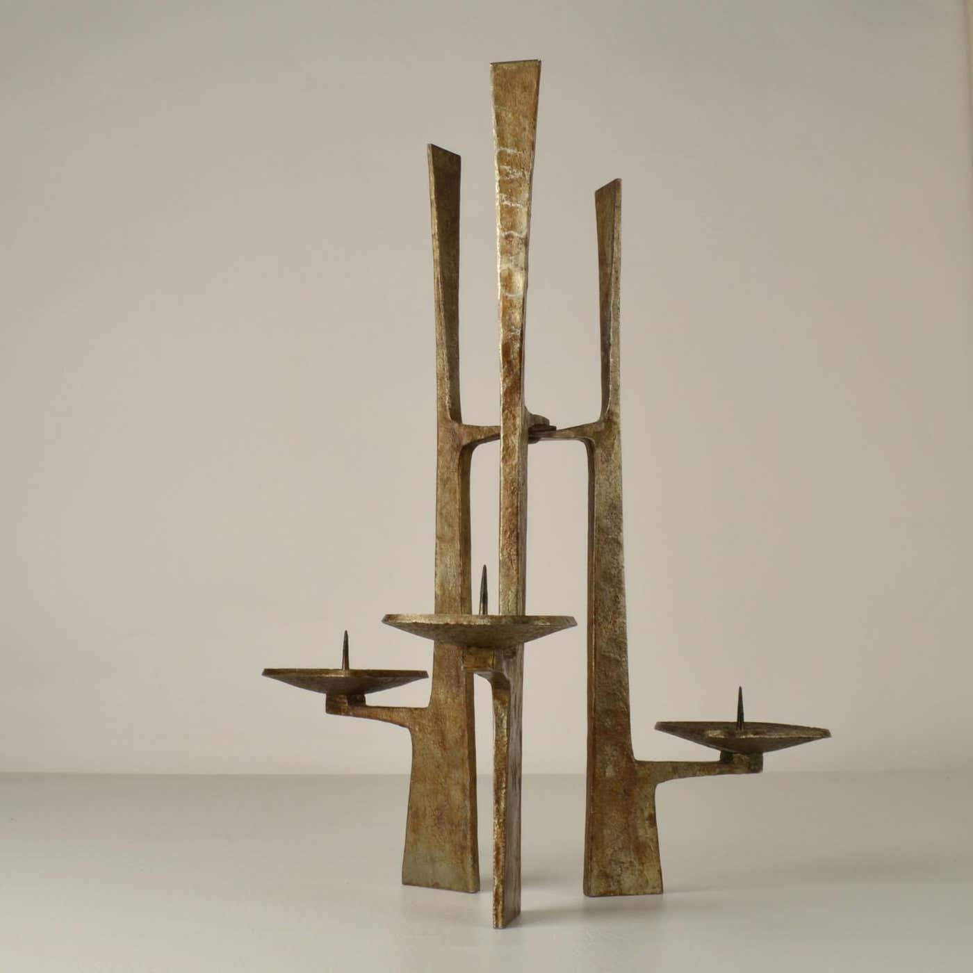 Sculptural Three-Arm Candelabra in Forged Steel