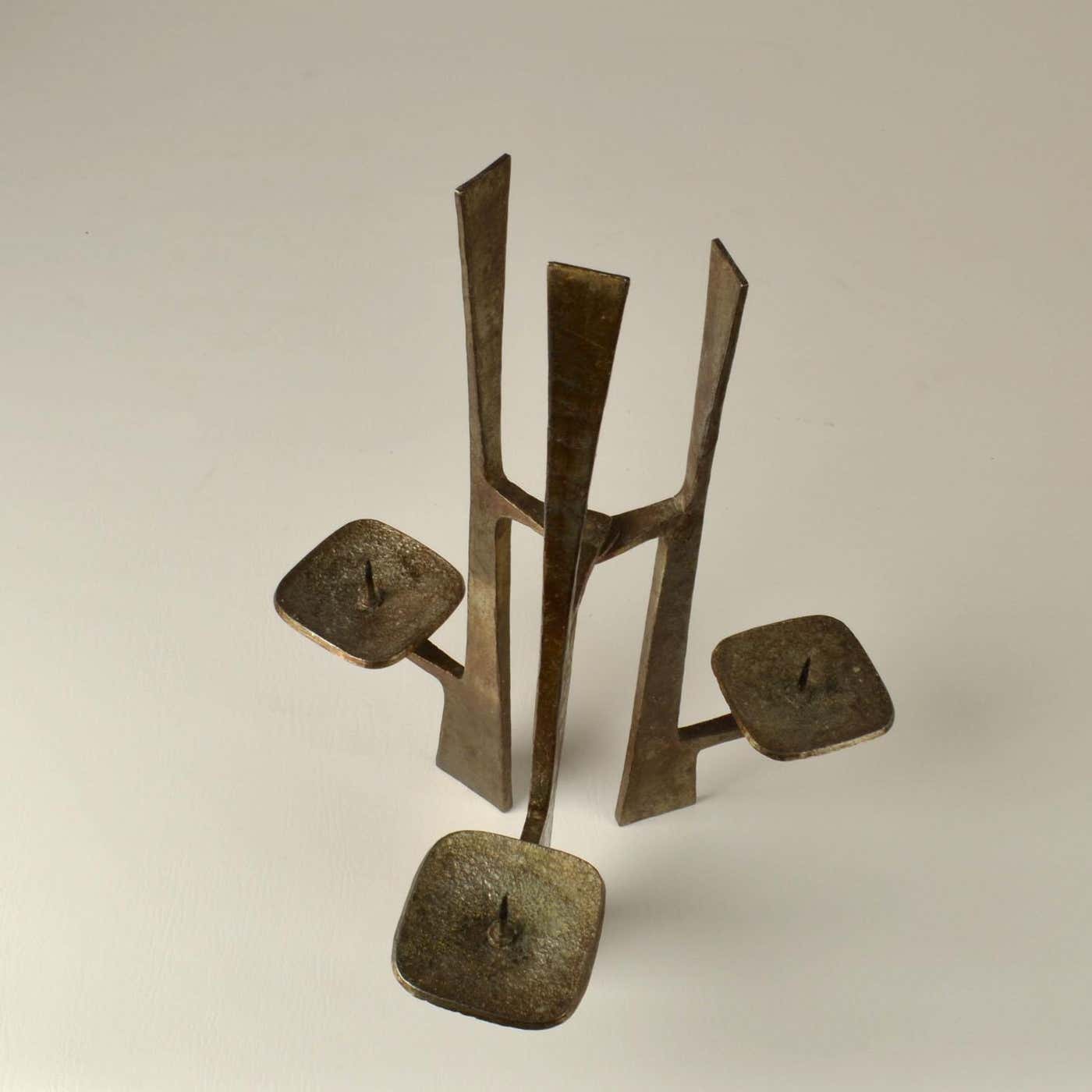 Sculptural Three-Arm Candelabra in Forged Steel