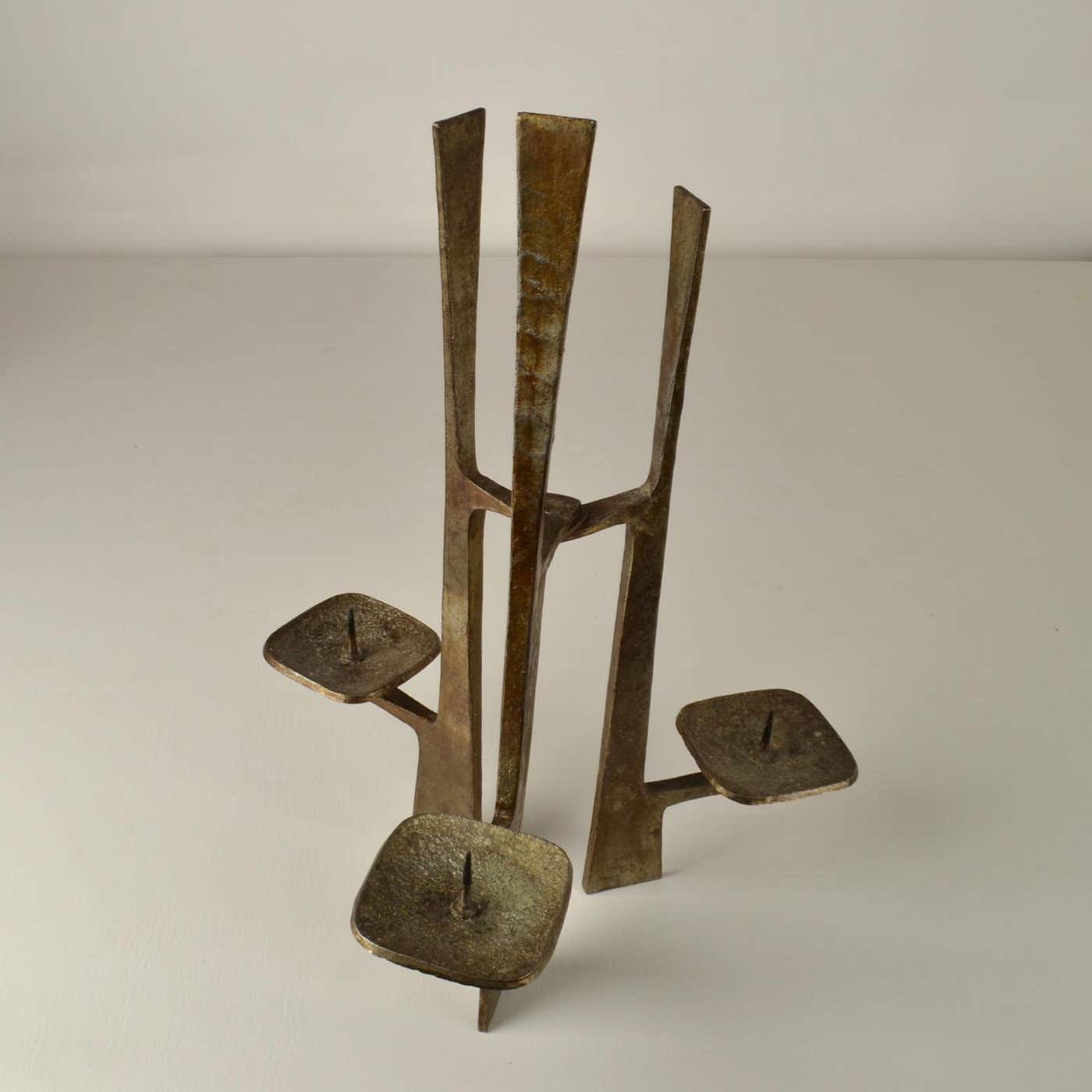 Sculptural Three-Arm Candelabra in Forged Steel