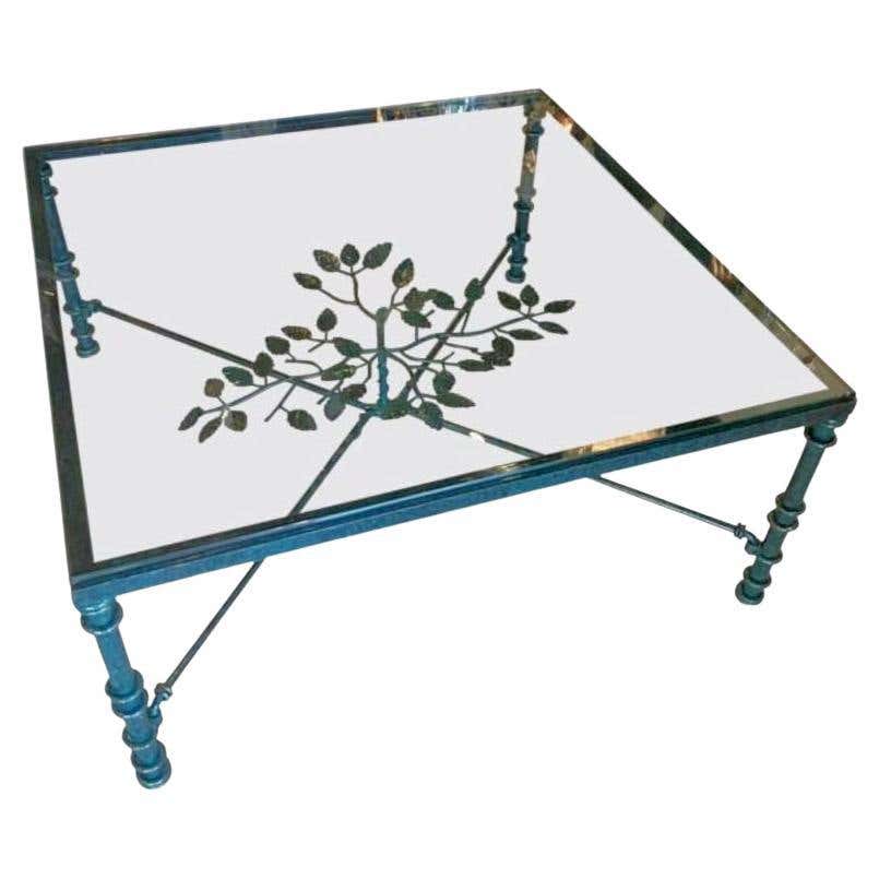 Giacometti Style Square Glass Top Iron Coffee Table with Verdigris Green Patina
