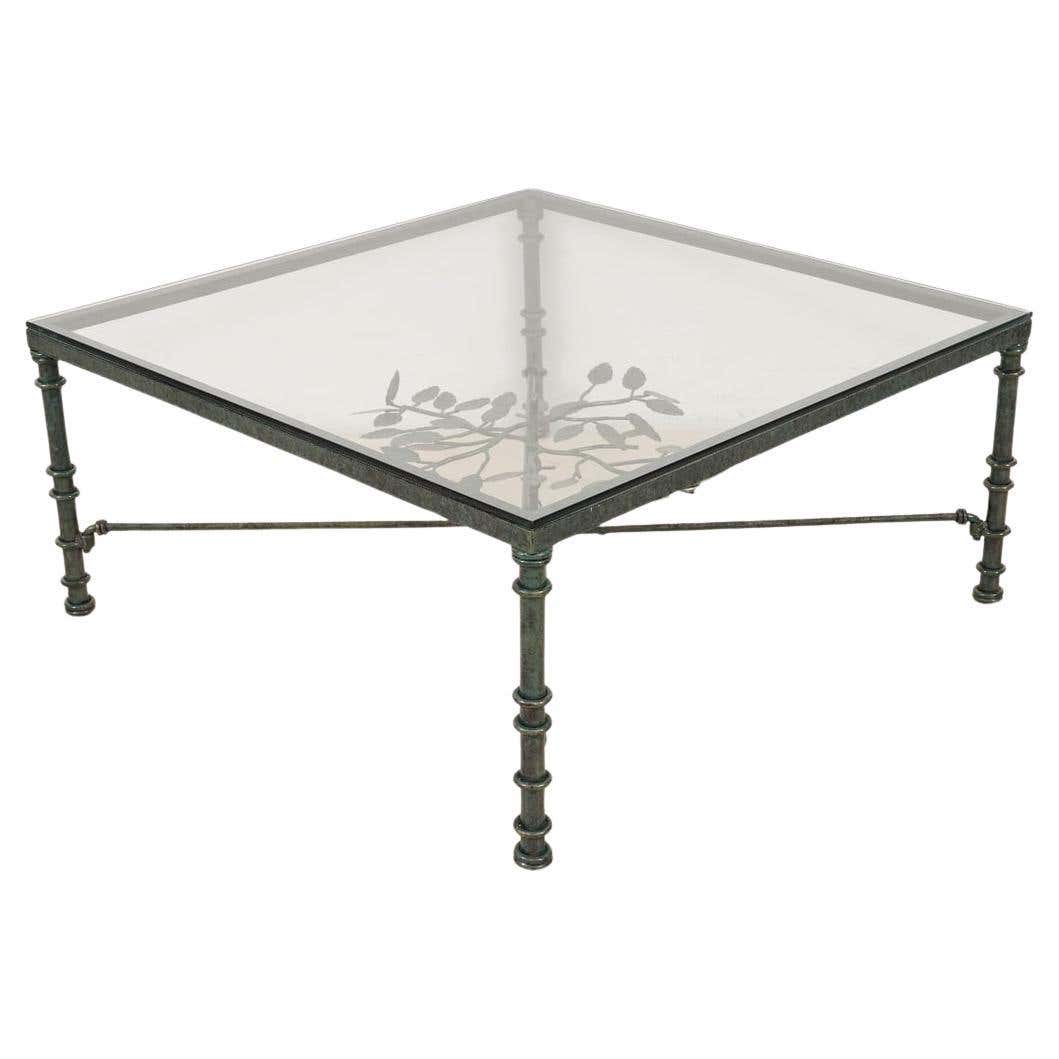 Giacometti Style Square Glass Top Iron Coffee Table with Verdigris Green Patina