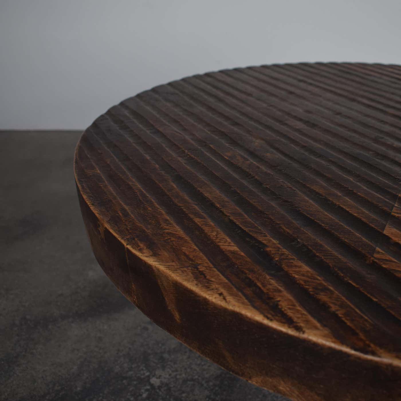 Round Brutalist Tripod Oak Coffee Table 1960s