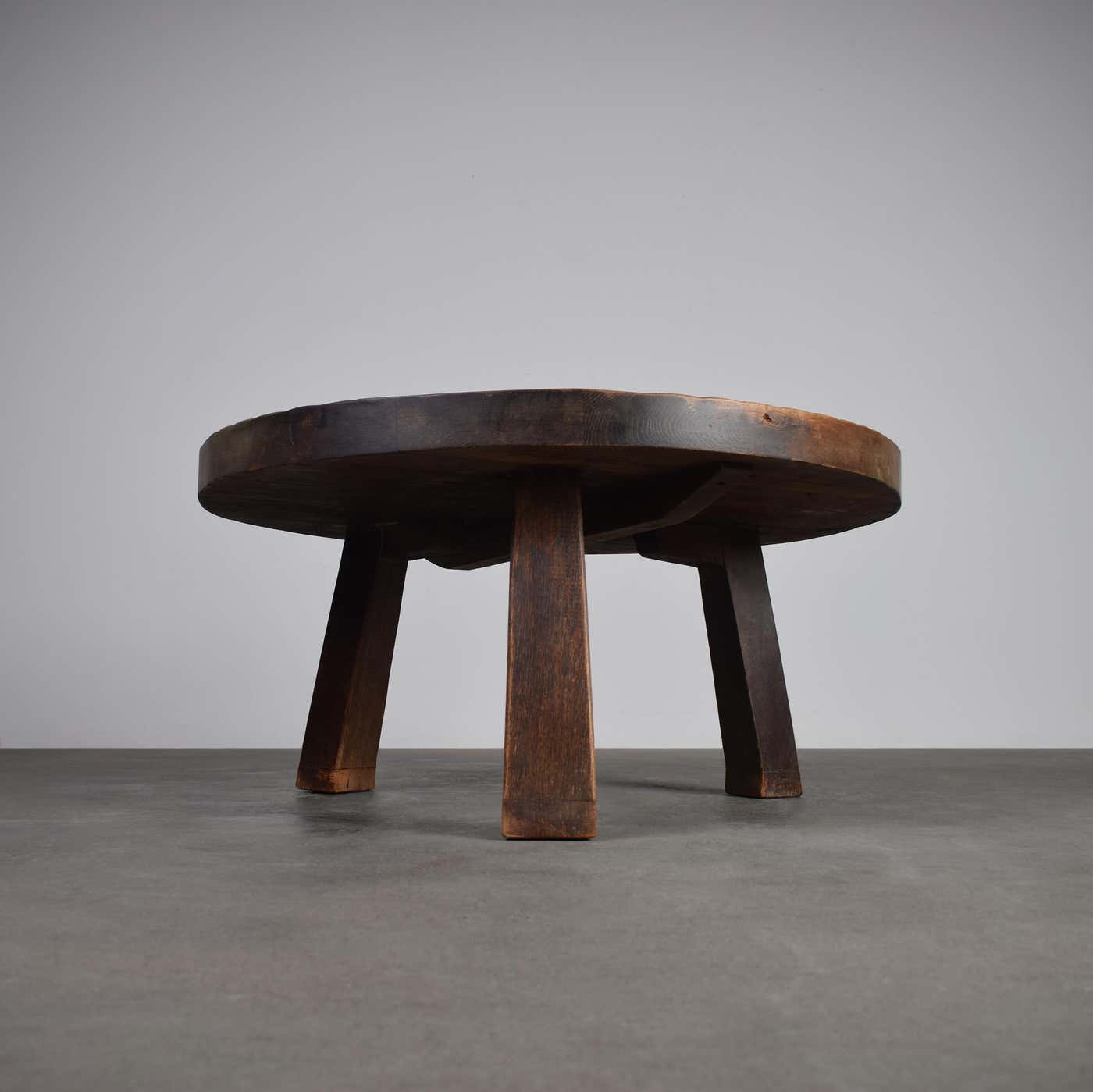 Round Brutalist Tripod Oak Coffee Table 1960s