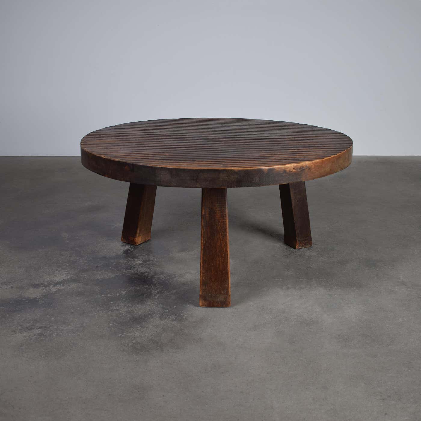 Round Brutalist Tripod Oak Coffee Table 1960s