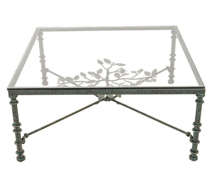 Giacometti Style Square Glass Top Iron Coffee Table with Verdigris Green Patina