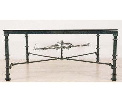 Giacometti Style Square Glass Top Iron Coffee Table with Verdigris Green Patina