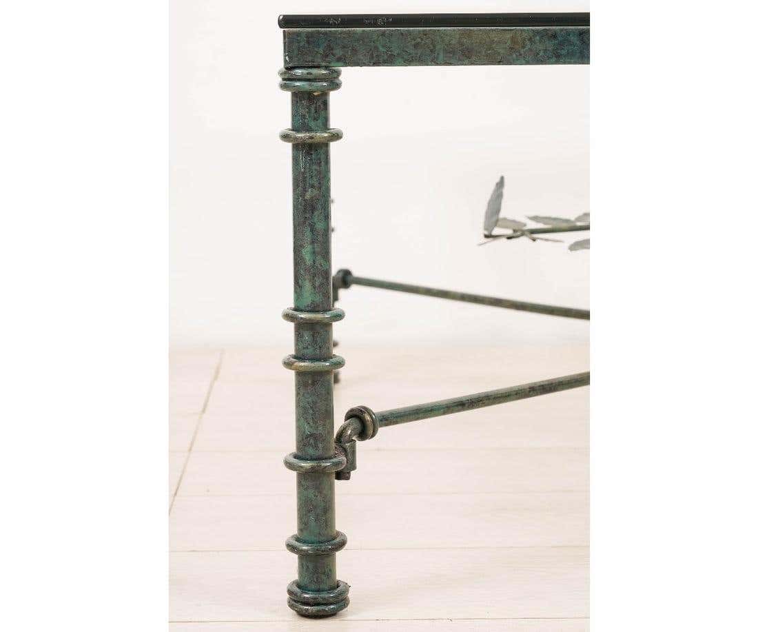 Giacometti Style Square Glass Top Iron Coffee Table with Verdigris Green Patina