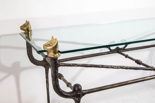 Sculptural Brutalist Iron and Glass Console Table With Cat Head