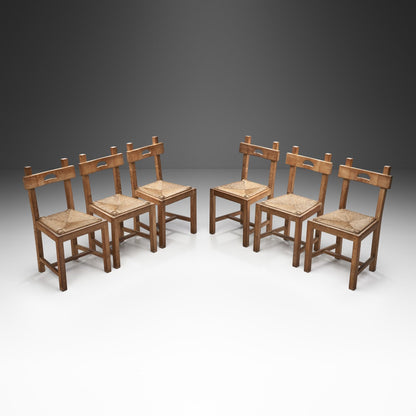 Rush and Wood Rustic Dining Chair Set, Europe ca 1950s