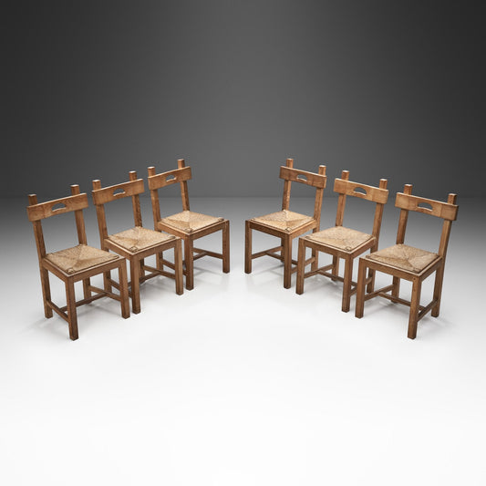 Rush and Wood Rustic Dining Chair Set, Europe ca 1950s