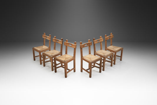 Rush and Wood Rustic Dining Chair Set, Europe ca 1950s