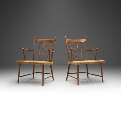 Teak Slatback Chairs with Woven Danish Cord Seats, Denmark ca 1960s