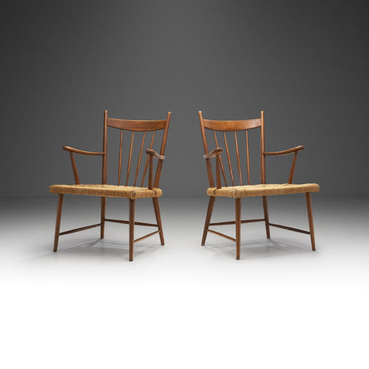 Teak Slatback Chairs with Woven Danish Cord Seats, Denmark ca 1960s