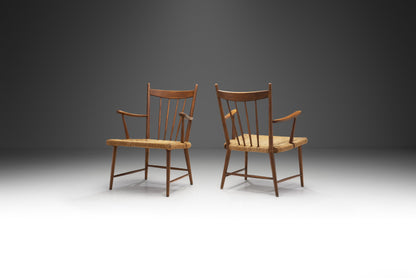 Teak Slatback Chairs with Woven Danish Cord Seats, Denmark ca 1960s