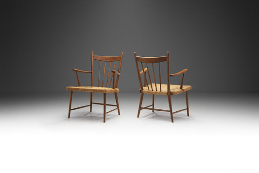 Teak Slatback Chairs with Woven Danish Cord Seats, Denmark ca 1960s