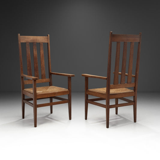 A Pair of Oak and Woven Rush High Back Armchairs, France 1940s