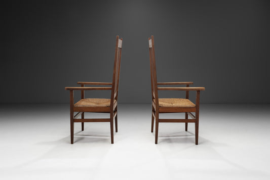 A Pair of Oak and Woven Rush High Back Armchairs, France 1940s