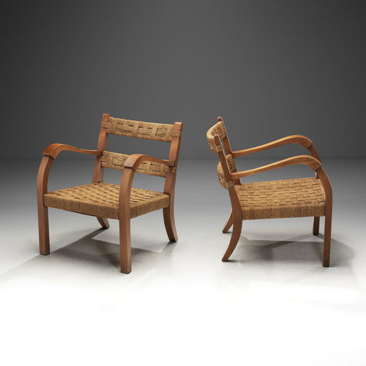 A Pair of Wood and Rattan Armchairs, Italy Mid-20th Century