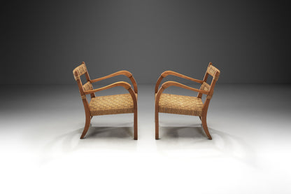 A Pair of Wood and Rattan Armchairs, Italy Mid-20th Century