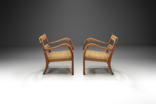 A Pair of Wood and Rattan Armchairs, Italy Mid-20th Century