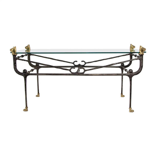 Sculptural Brutalist Iron and Glass Console Table With Cat Head