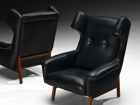 Italian Pair of Wingback Lounge Chairs in Black Leather and Mahogany